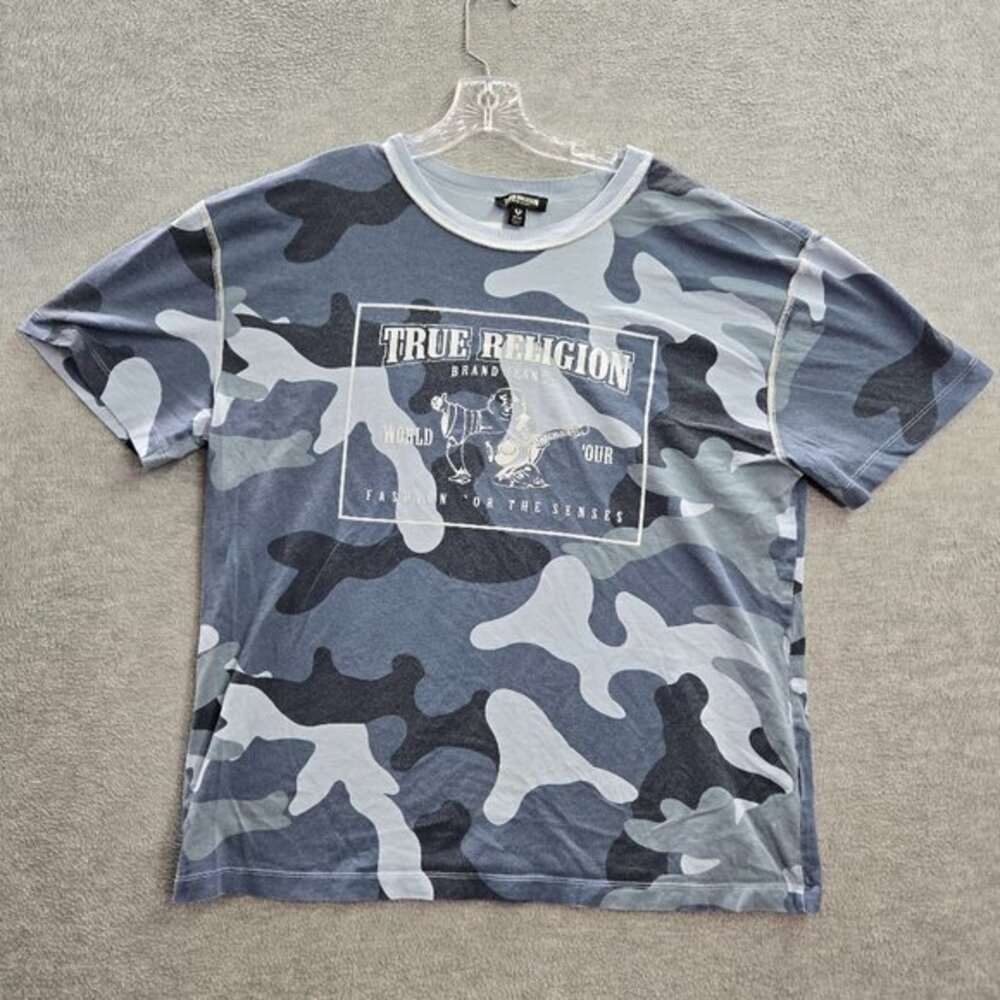 True Religion Men Shirt M Blue Drop Shoulder Camouflage Buddha Guitar Tee READ